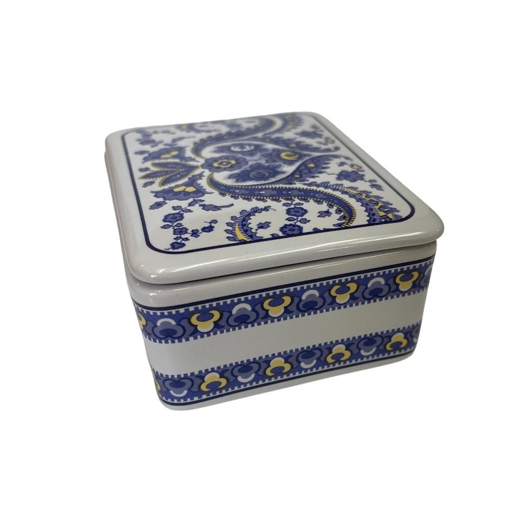 Thai Stoneware Trinket Box With Blueish Purple and Yellow Floral Paisley Pattern - Picture 3 of 9